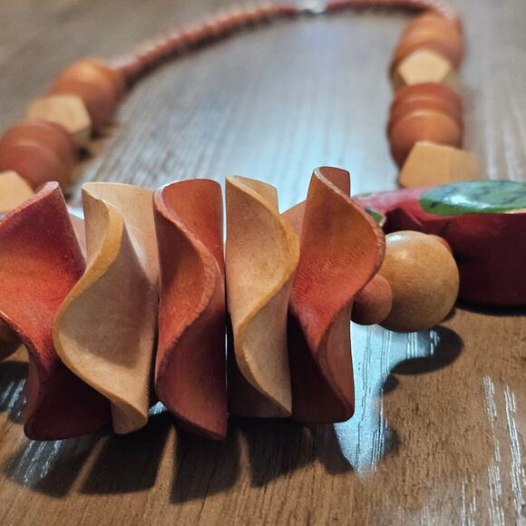 Vintage Wood Parrot Necklace 13" Brown Red Beaded Chunky Birds Retro Indie Boho - Picture 7 of 9